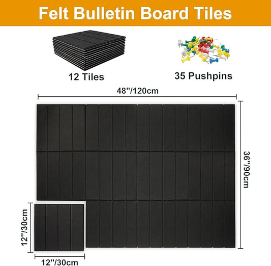 Felt Bulletin Board Tiles,Large Cork Board Alternative with 35 Pushpins,Black Bulletin Board, 12 Pack 12"X12"X0.4" Felt Cork Board Tiles with Self Adhesive for Office Pin Board, Home & Classroom