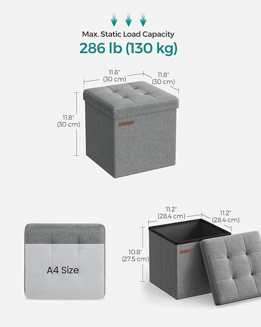 SONGMICS Storage Ottoman, Foldable Small Ottoman Foot Rest, 11.8 Inches Foot Stool, Cube Ottoman with Storage, Load up to 286 lb, for Living Room, Bedroom, Dorm, Light Gray ULSF028G02