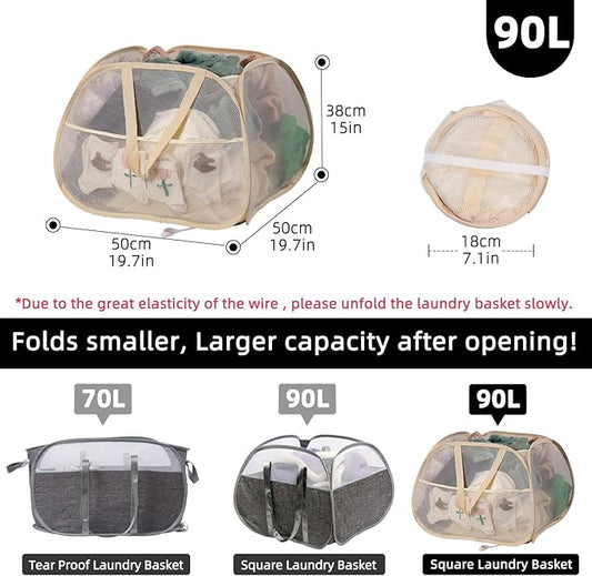 Collapsible Laundry Basket, 90L Foldable Pop Up Laundry Hamper with Handles, Mesh Dirty Clothes Hamper for Laundry, Bathroom, Kids Room, Dorm,Travel or Camping (Beige, 2PCS)