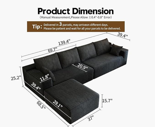 139.4" Modular Sectional Sofa, L-Shaped Minimalist Couches with Ottoman Chaise, Modern Deep Seat Convertible Sleeper Sofa,Cloud Plush Corduroy Fabric, No Assembly Required, 5 Seater, Black