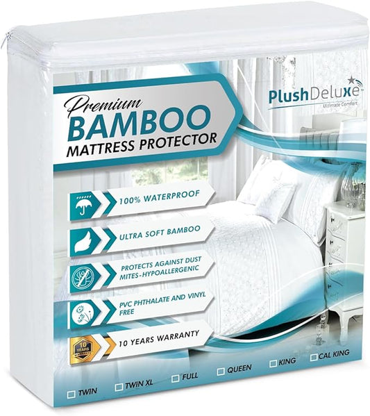 PlushDeluxe Premium Viscose Mattress Protector – Cal-King Size, Waterproof, & Ultra Soft Breathable Noiseless Washable Bed Mattress Cover for Comfort & Protection 72X84 Inches