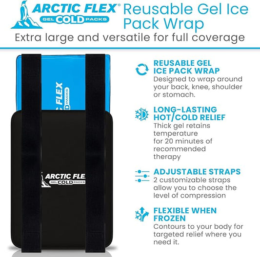 Arctic Flex Large Ice Packs for Injuries Reusable (17" x 12") Durable Gel Soft Ice Pack for Injuries Relief, Hot/Cold Therapy - Flexible Cold Packs, Adjustable for Back, Knee or Shoulder Pain Relief