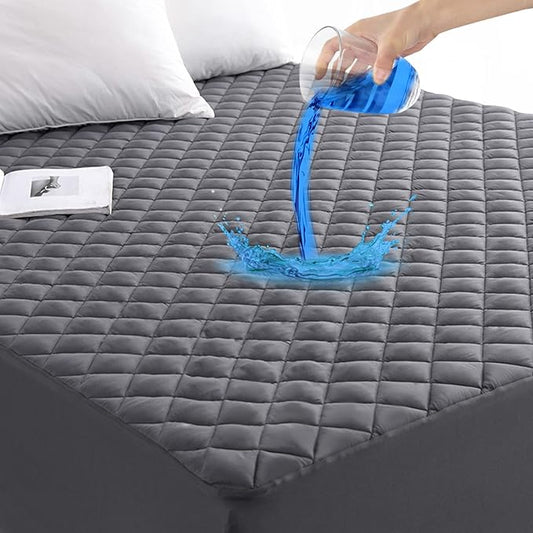 GRT King Size Grey Quilted Fitted Mattress Pad, 100% Waterproof Breathable Mattress Protector, Noiseless Hollow Cotton Mattress Topper, Fitted 8"-26" Deep, Dust Proof