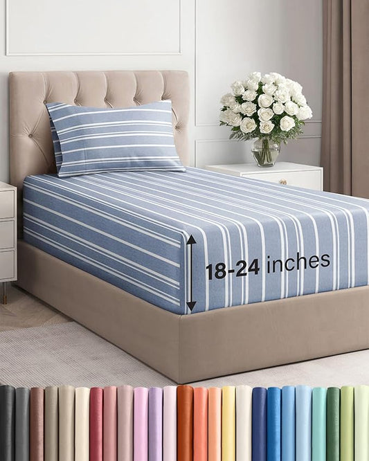 Extra Deep Pocket Twin Sheets - 3 Piece Breathable & Cooling Bed Sheets - Hotel Luxury Bed Sheet Set - Soft, Wrinkle Free & Comfy - Easily Fits Extra Deep Mattresses - Deep Pocket Blue Striped Sheets