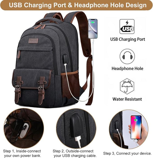 Mactso Canvas Travel Laptop Backpack for Men Women, Business Work Rucksack College School Computer Bag Fits 15.6 Inch Notebook,Bookbag with USB Charging Port (Black, 15.6 Inch)