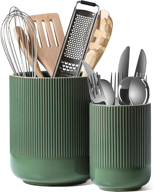 LE TAUCI Utensil Holder, 7.3"+5.4" Ceramic Kitchen Utensil Holder for Countertop, Large Cooking Utensil Crocks for Kitchen Counter, Modern Utensil Organizer for Spatula, Set of 2, Forest Green