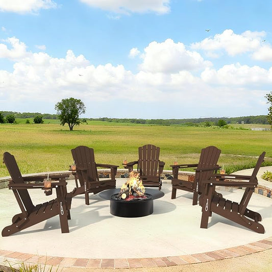 Adirondack Chair Set of 4, Folding All-Weather Outdoor HDPE Patio Chair with Cup Holder, Brown