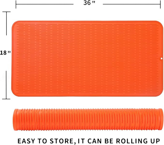 Silicone Dish Drying Mat for Multiple Usage,Easy clean,Eco-friendly,Heat-resistant Silicone Mat for Kitchen Counter or Sink,Refrigerator or Drawer Liner Orange 5XL 36inches x 18inches