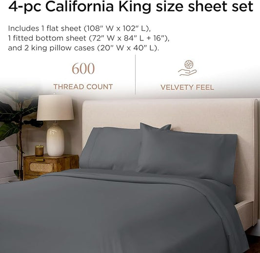 Threadmill 100% Cotton Sheets for Cal King Size Bed - 600 Thread Count Cal King Bed Sheets Set with 16โ Deep Pocket - Sateen Weave 4-Piece Bedding Set with Cooling Effect, Dark Grey