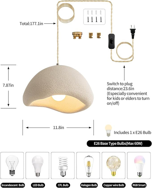 MODIVO 11.8in Wabi Sabi Pendant Light,Plug in Hanging Light Fixture Bulb Included,Japandi Decor Japanese Lamp for Kitchen,Living Room,Dining Room,Bedroom,Island White Chandelier