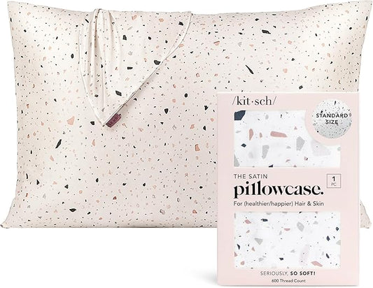 Kitsch Satin Pillowcase with Zipper for Hair & Skin, Softer Than Silk Pillow Cases Queen, Wrinkle-Free, Smooth and Cooling Satin Pillow Covers, Standard Size 19"x26", White Terrazzo