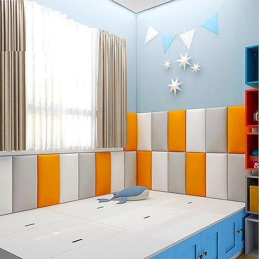 3D Anti-Collision Wall Padding, Peel & Stick Upholstered Panels, Queen Headboard, Playroom Decorative Protection, Pack of 2 Panels - 23.6' X 11.8' (Orange)