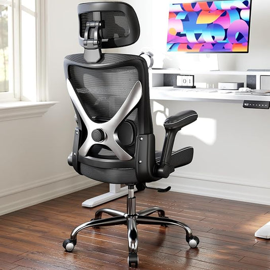 Ergonomic Office Chair-Computer X-Shaped Chair Mesh PU Leather with Adjustable Lumbar Support-Executive Desk Chair High Back with Headrest Flip-Up Arms for Long Hours (Black-Silver)