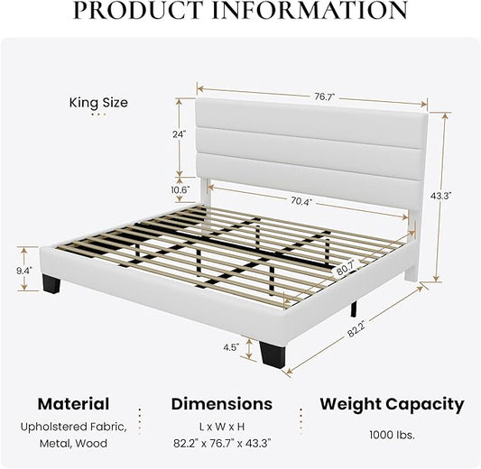 SHA CERLIN King Platform Bed Frame with Velvet Upholstered Headboard, Mattress Foundation with Strong Wooden Slats Support, No Box Spring Needed, White