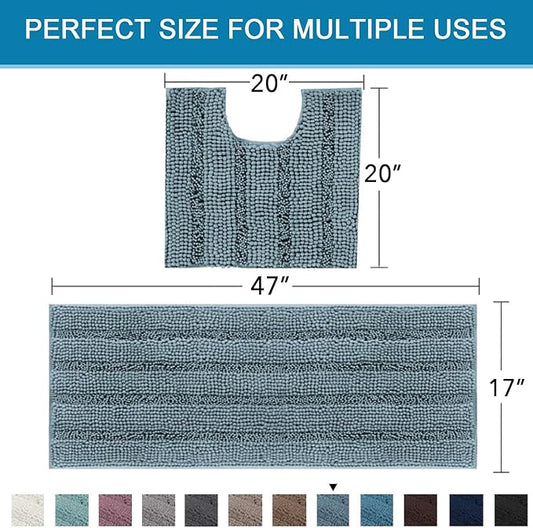 H.VERSAILTEX Bathroom Rugs Bath Rug Set 2 Piece Bathroom Contour Rug Toilet Mat Sets Non Slip Contour Bath Rug Ultra Thick Water Absorbent Striped Bath Mats(47" x 17" Plus 20" x 20" U, Stone Blue)