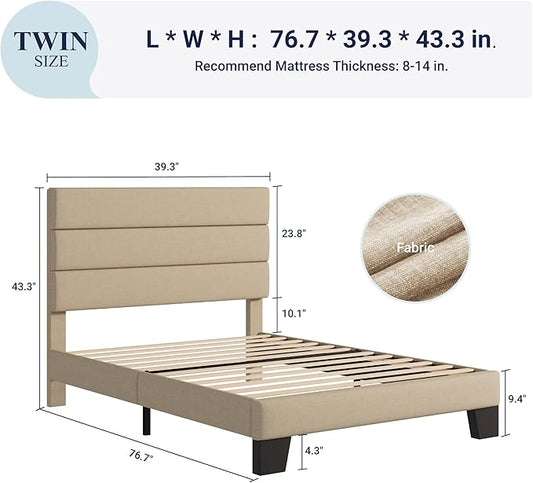 Allewie Twin Size Platform Bed Frame with Fabric Upholstered Headboard and Wooden Slats Support, Fully Upholstered Mattress Foundation/No Box Spring Needed/Easy Assembly, Beige