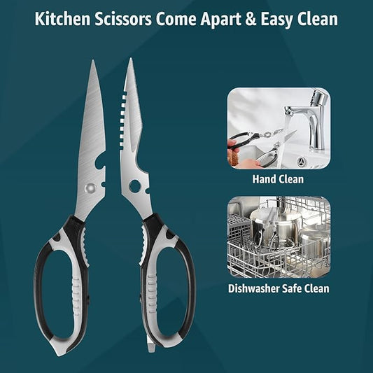 Kitchen Scissors, 9-Inch Heavy Duty Multipurpose Food Cutting Shears, Detachable Dishwasher Safe, Sharp Serrated Blade, Ergonomic Non-Slip Handle for Food, Meat, Herbs, Black