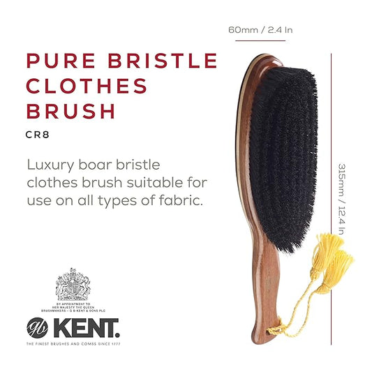 KENT CR8 Clothes Brush, 100% Natural Black Boar Bristle Lint Remover for Cashmere, Wool, and Silk for Keeping Fabrics Free from Fibres, Fluff and Pet Hair. Luxury Three Veneered Woods. Made in England