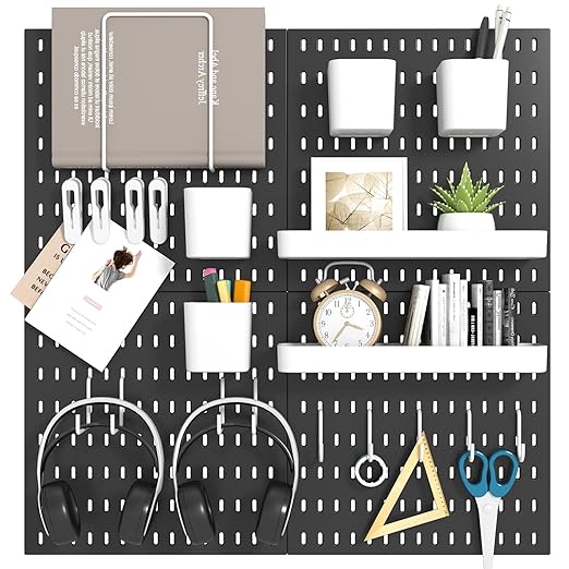 Peg Board Combination Kit, 4 Pegboards with 20 Accessories, Pegboard Wall Organizer for Office, Nursery & Home Storage, Key Holder, 25.6"x25.6" – Nail-Free Installation(Black)