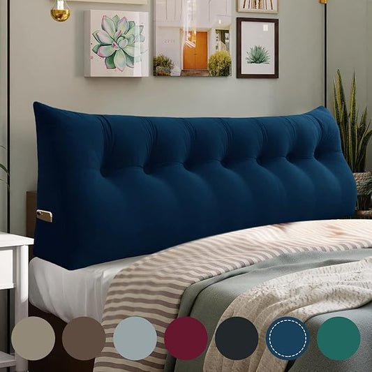 Johnear Wedge Headboard Large Bolster Pillow Reading Pillows for Sitting in Bed Adult, Velvet Triangular Cushion Backrest Lumbar Back Support Upholstered Daybed Sit Up Book Pillows(Darkblue, King)