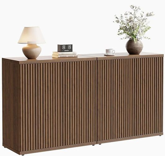 Fluted Buffet Cabinet Sideboard with Storage,Wooden Credenza with 2 Doors&Adjustable Shelve, Modern Accent Cabinets Coffee Bar Bookcase for Living Room,Kitchen Dining Room Entryway 15"D Brown
