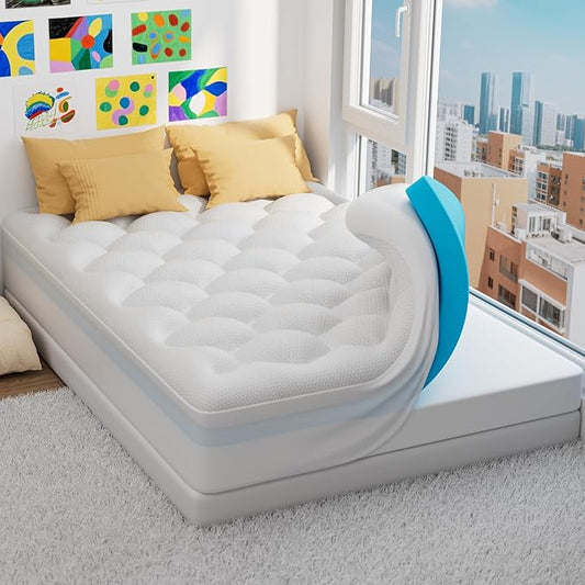 OhGeni Cooling 4 Inch Full Size Dual Layer Mattress Topper, 2 Inch Gel Memory Foam, 2 Inch Soft Pillow Top Pad, Bedroom Essentials Mattresses Cover, Extra Comfortable Sleep and Back Pain Relief