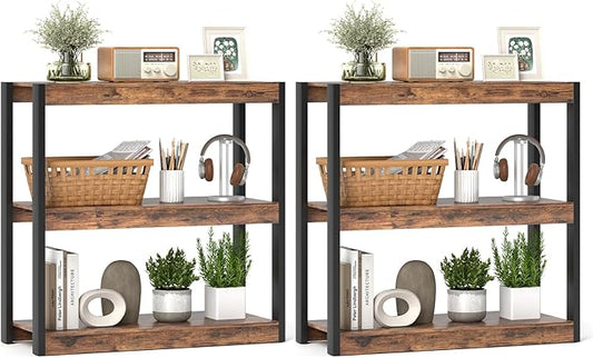Giantex 3 Tier Bookshelves Set of 2, Freestanding Wooden Bookcase with Dual Anti-Tipping Kits, Open Display Rack Shelving Unit, Storage Organizer for Living Room, Bedroom & Study, Rustic Brown & Black