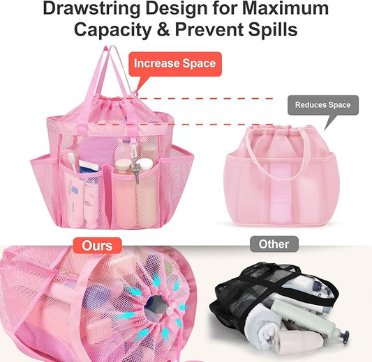 F-color Mesh Shower Caddy Portable with Drawstring - Upgrade Deeper 7 Pockets Dorm Room Essentials for Guys Girls with S Hook, Shower Bag Basket Tote for College Camping Toiletry Bathroom, Pink