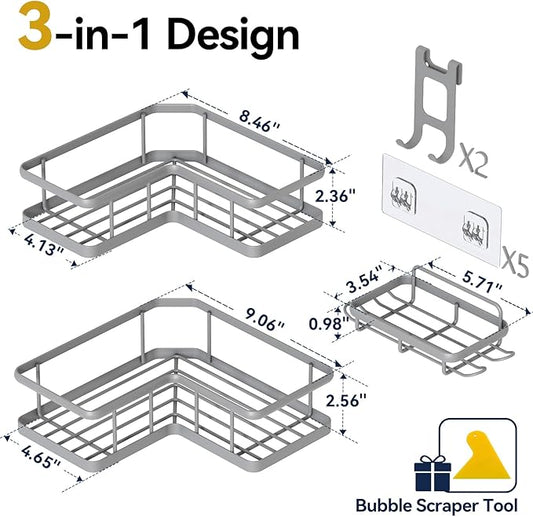 YASONIC Shower Caddy Corner, 3-Pack Adhesive Rustproof Stainless Steel Shower Shelves with Soap Holder, No Drilling Shower Organizer Corner for Dorm, Renters Bathroom, Grey