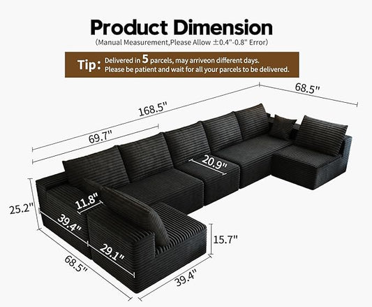 168.5" Modular Sectional Sofa, Oversized U-Shaped Minimalist Couches with 3 Middle Seats Chaise, Modern Deep Seat Convertible Sleeper Sofa, Cloud Plush Corduroy Fabric,7 Seater, Black