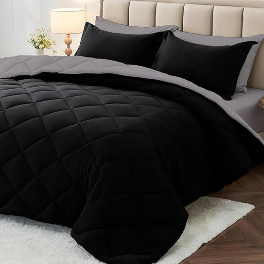 MUXHOMO 5 Pieces Twin XL Comforter Set, Reversible Bed in a Bag Twin XL Size, All Season Bedding Set with Comforter, Flat Sheet, Fitted Sheet, Pillowcases & Shams, Black & Soot