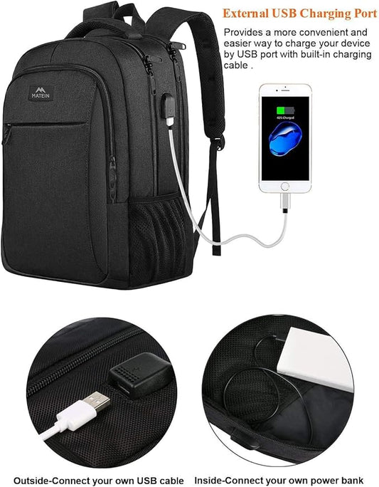 MATEIN Business Laptop Backpack, 15.6 Inch Travel Laptop Bag Rucksack with USB Charging Port, Water-Resistant Bag Daypack for Work College Computer Men Women Backpack, Black