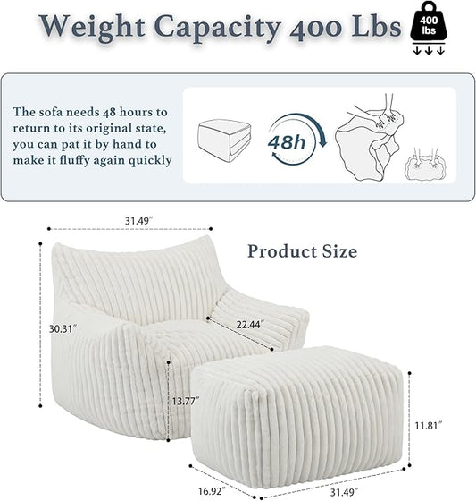 Oversized Bean Bag Chaise Lounge Chair Indoor for Adults with Armrests & Ottoman - Giant Comfy Beige Beanbag Lazy Floor Sofa Cloud Accent Chair for Reading, Gaming, Cozy Fluffy Cloud Mini Couch