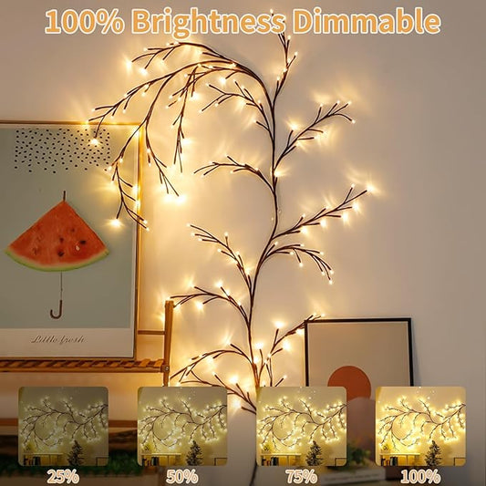 Enchanted Willow Vine Lights 7.55FT 144LED 1 PCS Brown Tree Branch Lights for Wall, Remote Timer,8 Light Model,Bedroom Wall Doors Wedding, Christmas, USB Battery Box