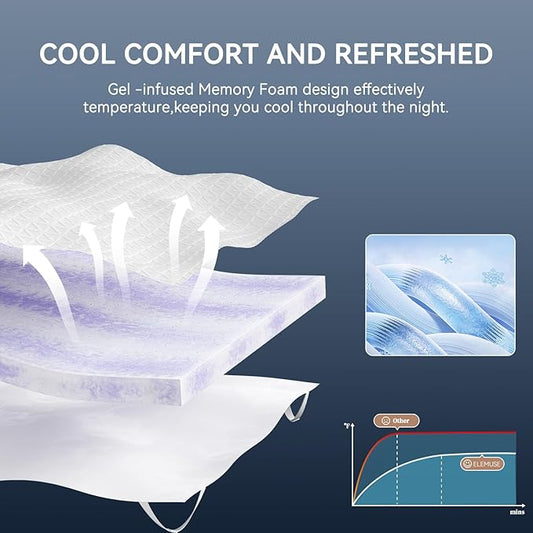 ELEMUSE 3 Inch Gel Memory Foam Mattress Topper Twin - Cooling Ice Silk Removable & Washable Cover, Mattress Topepr for Back Pain Relief, Adjustable Strap & Non-Slip, CertiPUR-US Certified