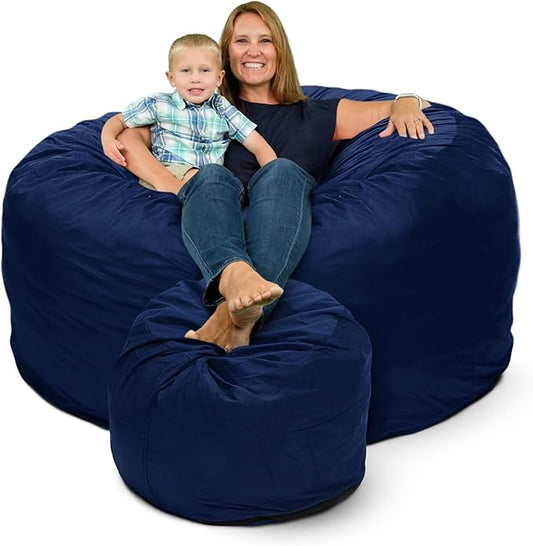 Ultimate Sack 6000 6-Foot Bean Bag Chair with Footstool, Navy Suede Cover – Oversized Foam Lounger, Floor Seat, Small Sofa, or Couch Bed for Living Area, Gaming Room, or Reading Lounge