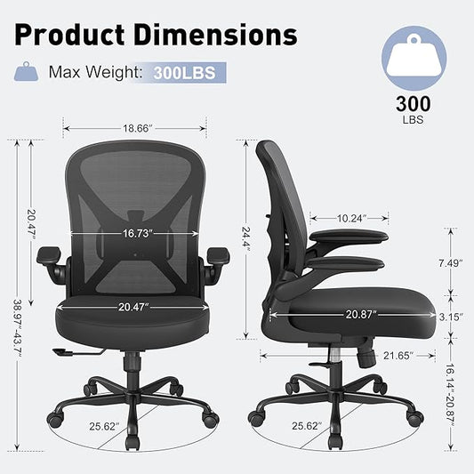 ZZH Ergonomic Office Chair with Adjustable Lumbar Support, Mesh Home Office Desk Chair with Wheels and Flip-up Arms, Black