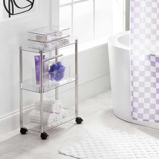 mDesign Plastic Shower Caddy Storage Organizer Utility Tote, Divided Basket Bin - Metal Handle for Bathroom, Dorm, Kitchen, Holds Soap, Shampoo, Conditioner - Aura Collection - Clear/Chrome