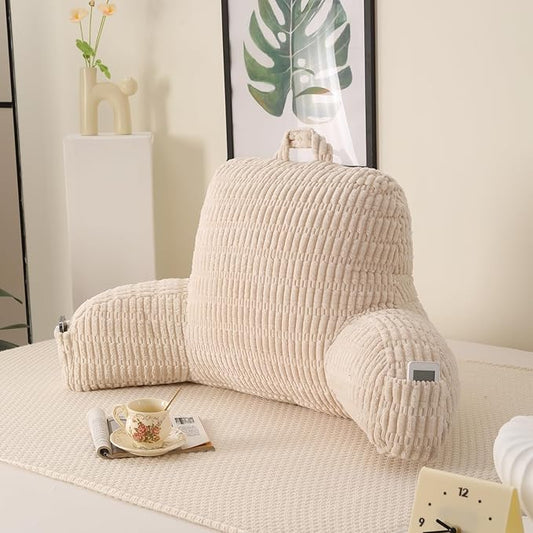 Reading Pillow for Sitting in Bed, Large Backrest Reading Pillow with Arm Rest,Back-Rest Support Cushion for Sit Up on Couch, Sofa, and Floor, Dorm Essentials (Cream Corduroy, Standard(17"))