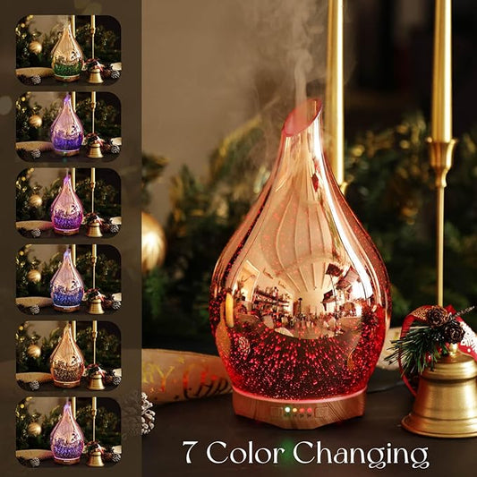 Porseme 280ml Essential Oil Diffuser, 3D Glass Aromatherapy Diffusor, Ultrasonic Cool Mist BPA Free Aroma Humidifier with Timer and Color Changing Function, Waterless Shut-Off for Home Office Room