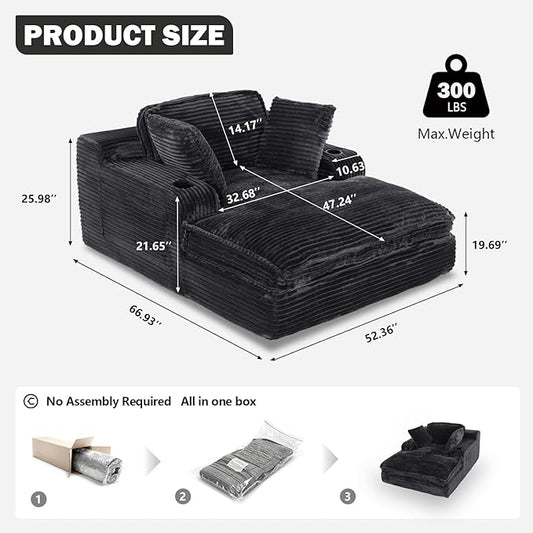 67" Oversized Chaise Lounge Chair Indoor, Soft Boneless Cloud Couch with 3 Pillows, 4 Side Pockets and 2 Cup Holders, Comfy Corduroy Sleeper Couch for Living Room Bedroom, Black