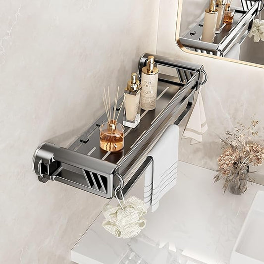 16" Shower Caddy Suction Cup, Concealed Shower Shelves Suction Cup with Hooks & Towel Bar, NO-Drilling Suction Shelf for Bathroom & Kitchen - Gray