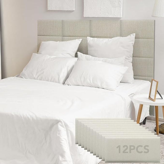 12 Piece Linen Fabric Peel and Stick Headboard, Upholstered Wall Mounted Headboard for Twin, 3D Anti-Collision Soundproof Self-Adhesive Wall Panel for Bedroom 23.62" x 9.84"