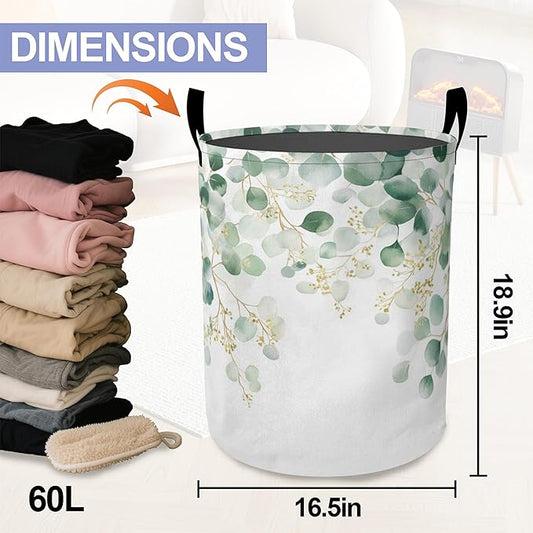 Laundry Basket,Vintage Eucalyptus Leaves Large Canvas Fabric Lightweight Storage Hamper Organizer Dirty Clothes Collapsible Waterproof for College Dorms,Bathroom