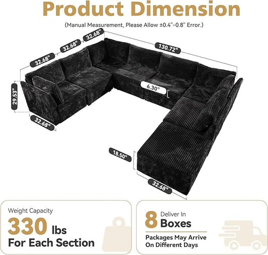 Large 8 Seat Modular Sectional Sofa with Ottoman Seat Corduroy Sleeper Sectional Sofa Bed Oversized Convertible Modular Couch for Living Room