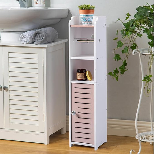 AOJEZOR Toilet Paper Holder Stand: Small Bathroom Storage Cabinet - Pinkish Rose - White