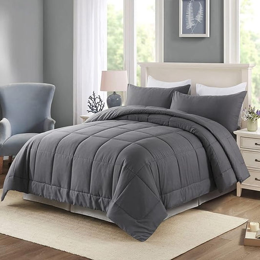 DOWNCOOL Queen Comforter Set -All Season Bedding Comforters Sets with 2 Pillow Cases-3 Pieces Bedding Sets Queen -Down Alternative Grey Queen Size Comforter Sets(88"x92")