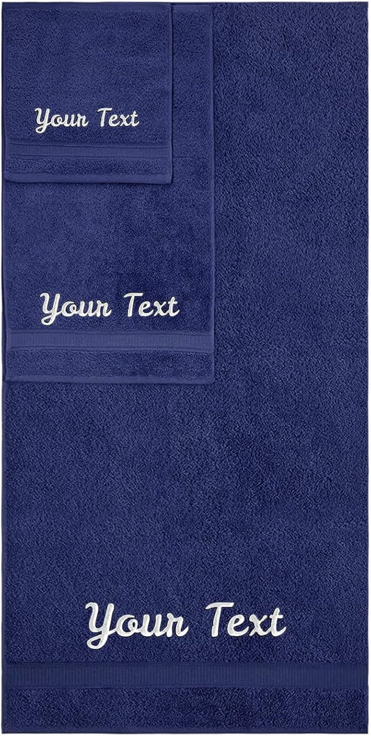Personalized Towels, Hotel & Spa Quality, Super Soft, Highly Absorbent, Bathroom Sets, 100% Cotton Monogrammed towels 3 Piece Towel Set, Includes 1 Bath Towels, 1 Hand Towels, 1 Washcloths, Navy