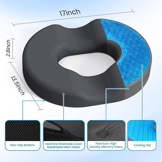Donut Pillow Seat Cushion - Cooling Gel Floor Pillow, Memory Foam Floor Cushion for Office & Home, Car Seat, Hemorrhoids Pillow, Sciatica & Tailbone Pain Relief Chair Cushion, Grey