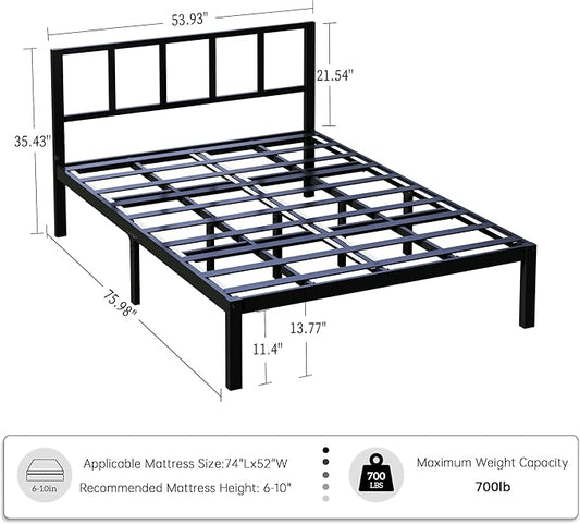 14 Inch Bamboo Bed Frame – Solid Wood Platform Bed Frame, Strong and Stable, with Non-Slip Slats for Support, No Box Spring Needed, Easy to Assemble, Noise-Free (Black, Full with Headboard)